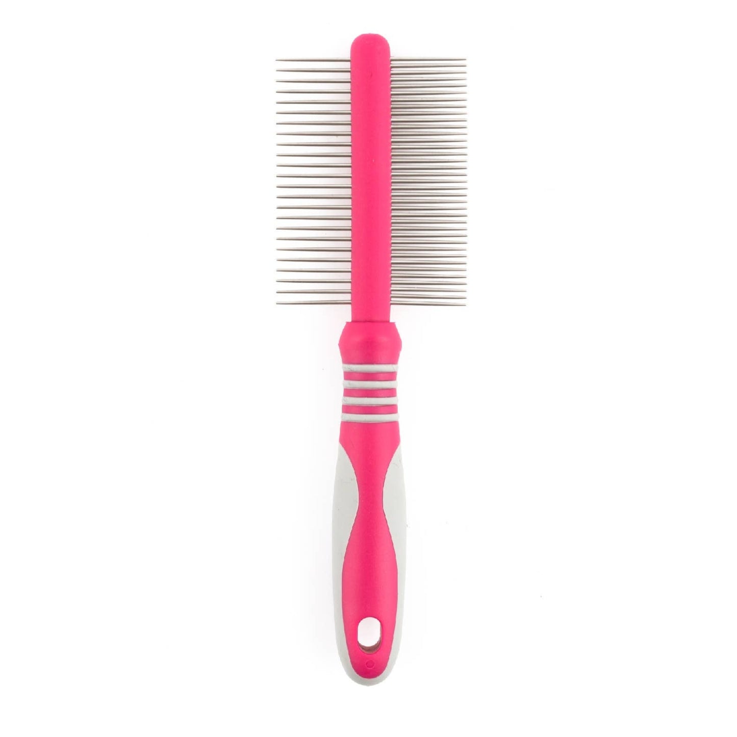 Pink grooming comb with metal teeth on a white background, branded as 'ergo Grooming Range'.