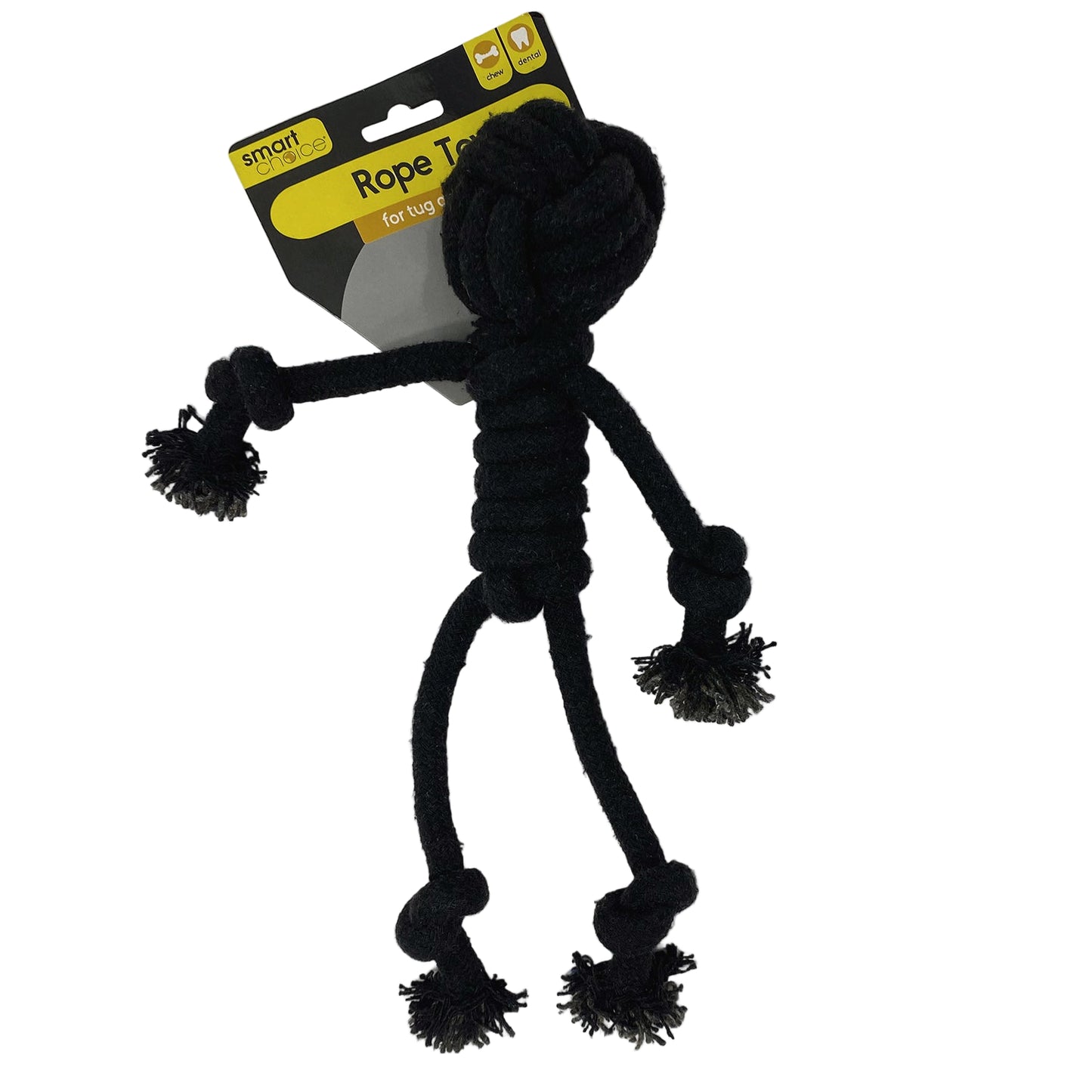 Black rope toy for pets with a 'Smart Pet' label on a white background
