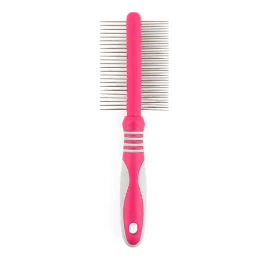 Pink grooming comb with metal teeth on a white background, branded as 'ergo Grooming Range'.