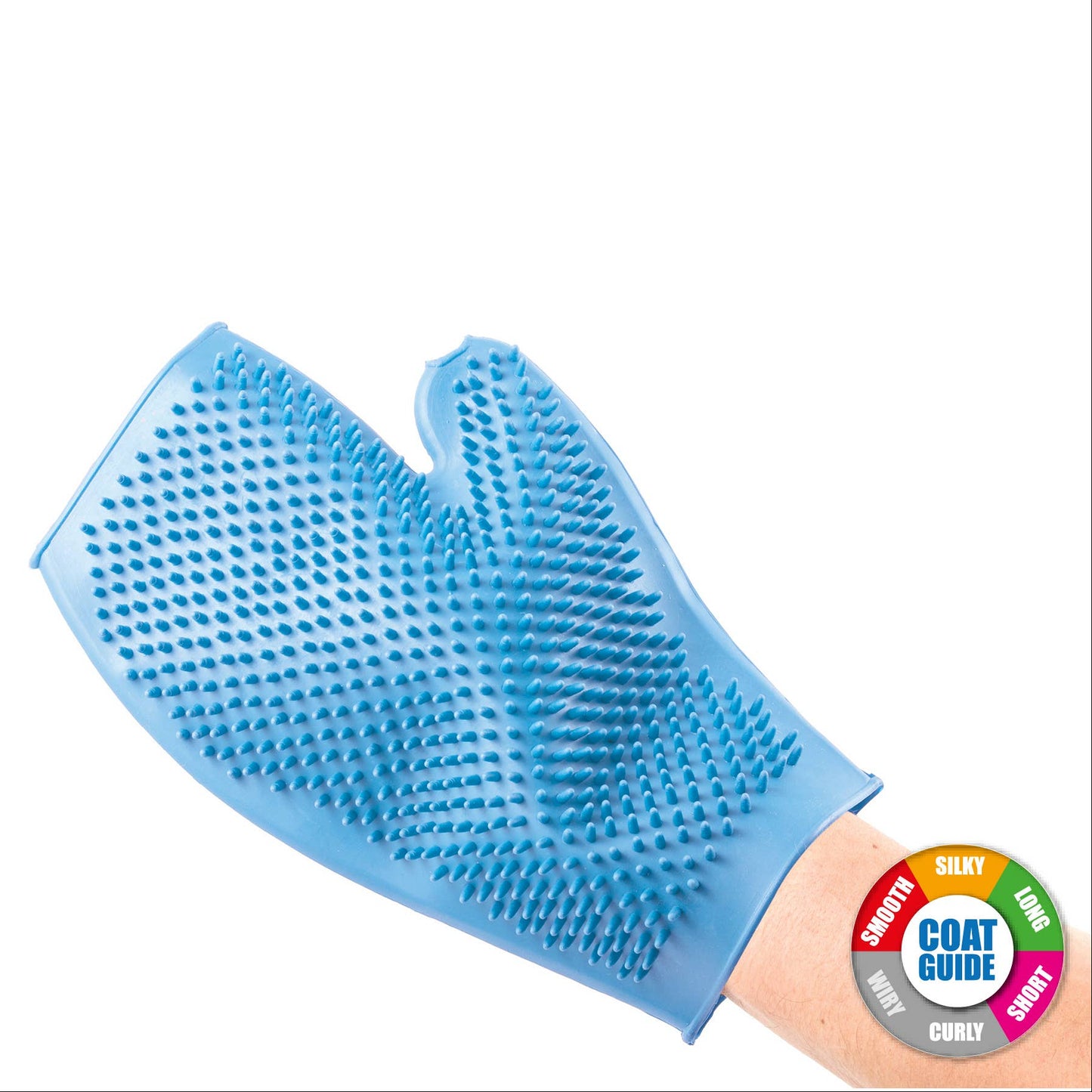Blue grooming glove with textured surface on a white background, featuring the Ergo brand.