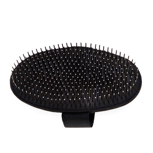 Black grooming brush with ergonomic design on a white background, featuring the Ergo brand.