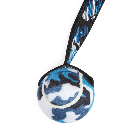 Blue and black patterned dog toy with a leash, branded 'Play Time for Dogs' on a white background.