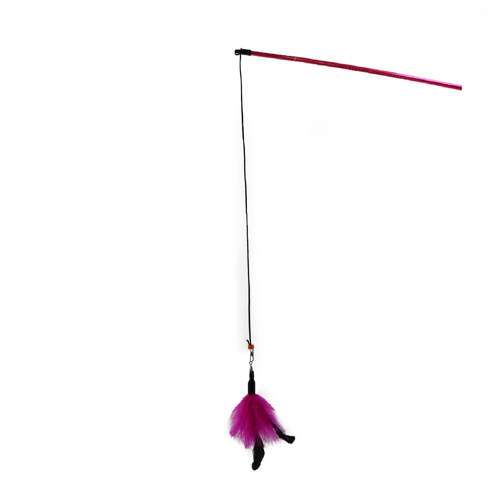 Cat toy with a red stick and purple feather on a white background