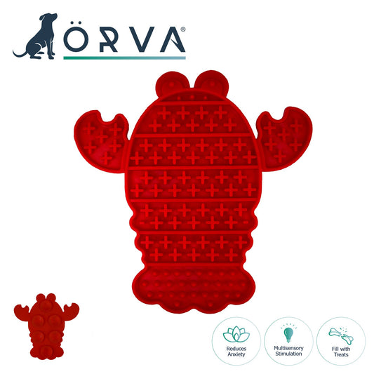 Red textured mat with lobster design on a white background, featuring the Orva brand.