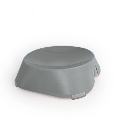 Gray plastic raised cat dish with 'made from recycled plastic' label on a white background