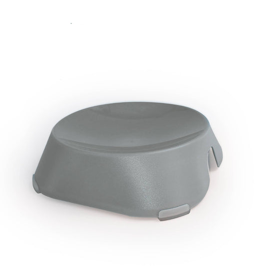 Gray plastic raised cat dish with 'made from recycled plastic' label on a white background