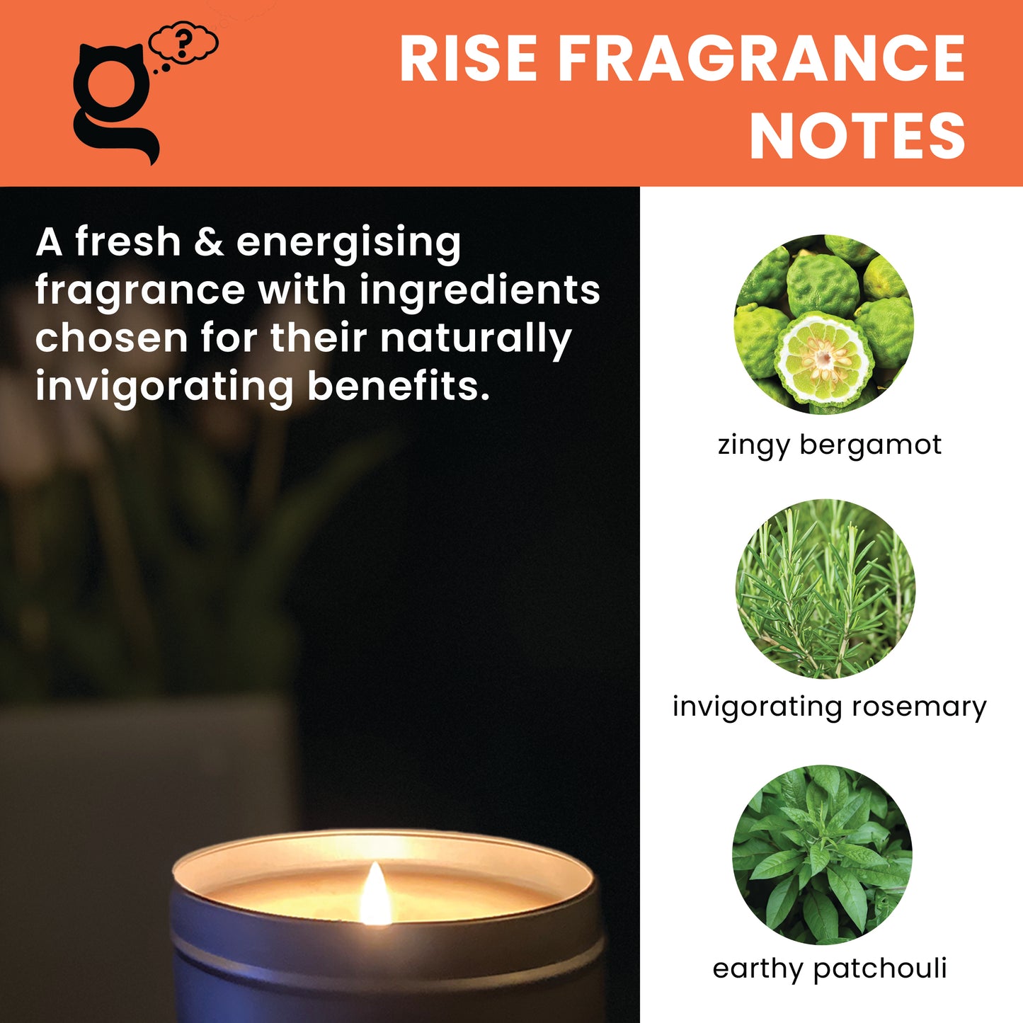 RISE energising candle - bergamot rosemary patchouli, 190gm