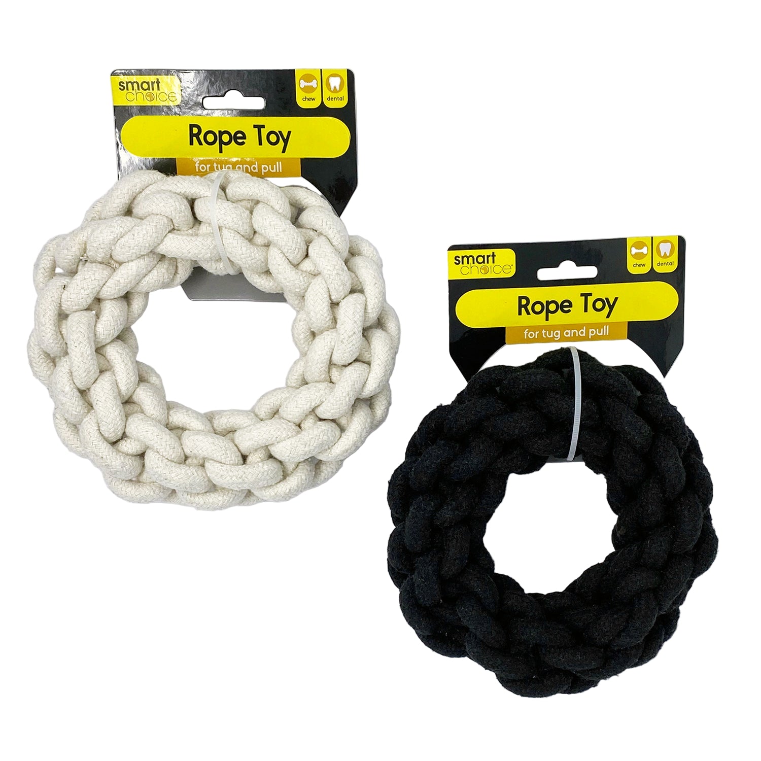Two braided dog rope toys, one white and one black, on their packaging with 'smart' branding.
