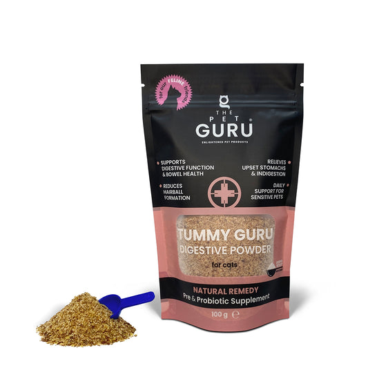 the pet guru - natural tummy settler -tummy guru - digestive powder supplement for cats - anti hairball - supports digestive function
