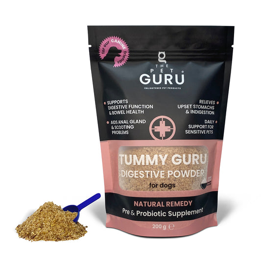 the pet guru - natural tummy settler -tummy guru - digestive powder supplement for dogs - anti scooting - supports digestive function