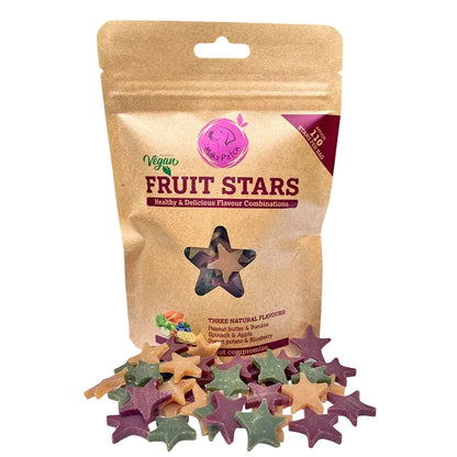 Packaging of Maks Patch Fruit Stars with star-shaped treats in front on a white background