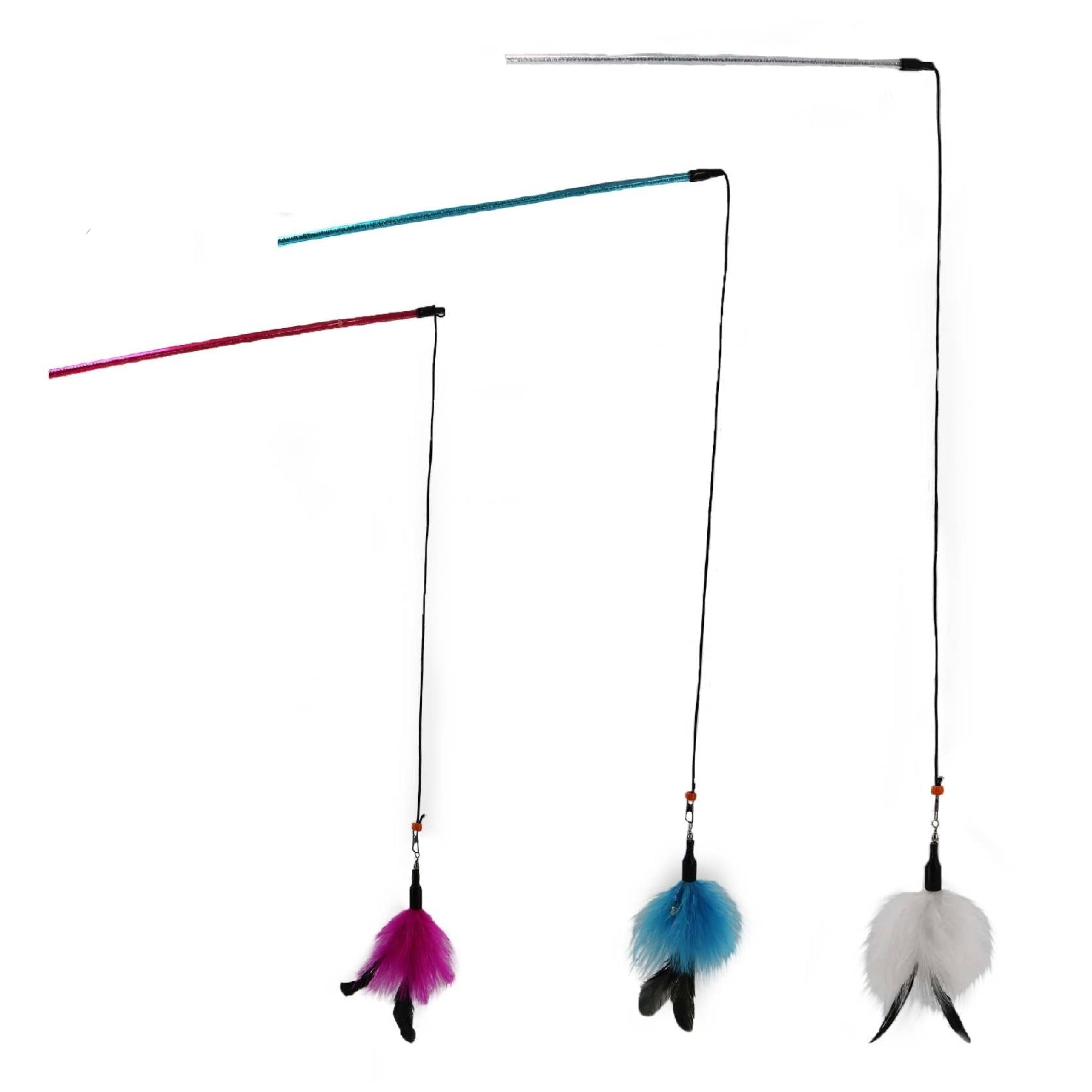 Cat toy with colorful feathers on a white background